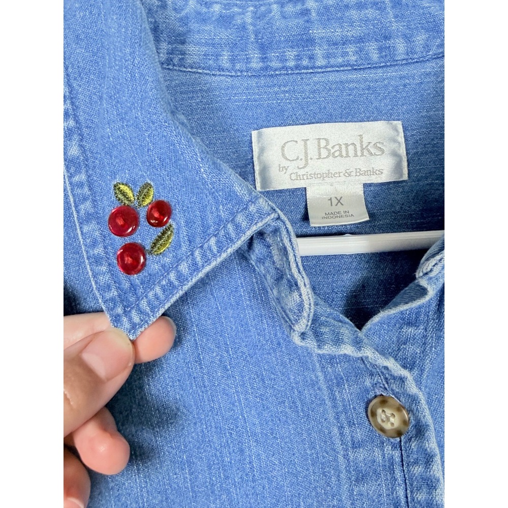 Denim Button Down Fall Autumn vtg Plus Size 1X Blue Cotton Embroidered Apples - Picture 4 of 10